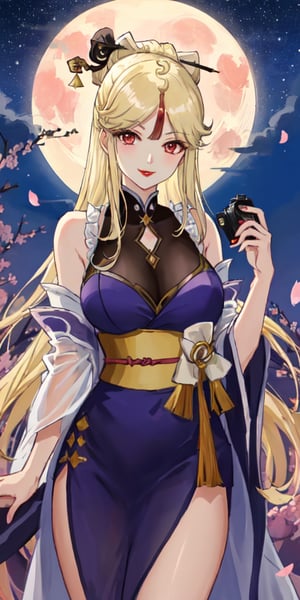 Ningguang, original_character, cherry blossom park in japan background in the night, elegant dress, blonde hair, Standing facing the camera, she faces the camera seductively, red lips, smile, HDR, full moon rising on the horizon, night with many stars
