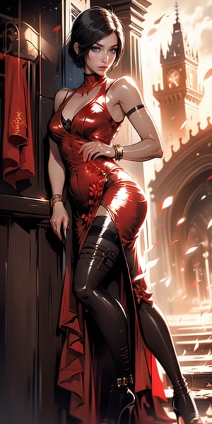 1girl, ada wong of resident evil, Spain castle background, outdoors, elegant red dress, bare leg