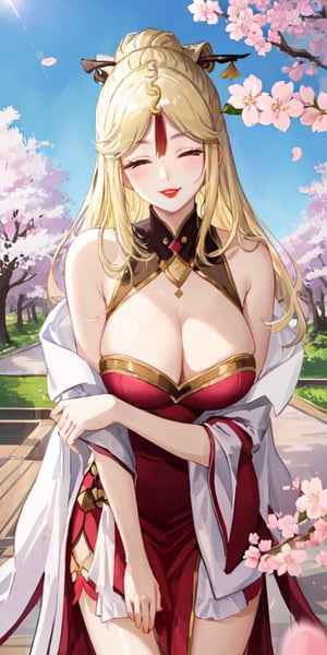 Ningguang, original_character, cherry blossom park in japan background, elegant dress, blonde hair, Standing facing the camera, she faces the camera seductively, red lips, smile, mid close eyes