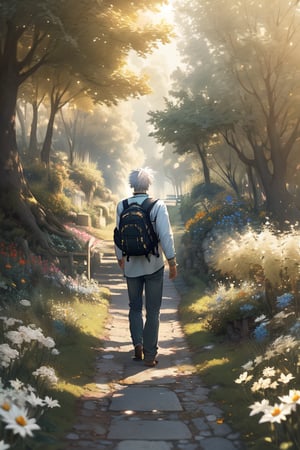  realistic, masterpiece,best quality,High definition, (realistic lighting, sharp focus), high resolution, volumetric light,, From behind, A man walking alone in a green valley, Light theme, White hair ,falling leaves, dim light, flowers, beauty day, cloudy sky, traveler backpack, tree leaves in the air

