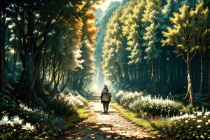  realistic, masterpiece,best quality,High definition, (realistic lighting, sharp focus), high resolution, volumetric light,, From behind, A man walking alone in a green valley, Light theme, White hair ,falling leaves, dim light, flowers, beauty day, cloudy sky, traveler backpack, tree leaves in the air

,fantasy00d