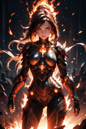 A fiery vision: A woman stands boldly in a darkened room, her hand engulfed by a blazing fireball. The flames dance across her palm, casting a warm glow on her determined face. Her other hand grasps the base of the inferno, her posture strong and unyielding. Shadows cast eerie silhouettes behind her, while the fiery orb dominates the frame. glowing eyes,  long hair, intrincade detail armor,