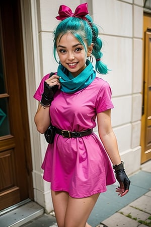  (((happy, big smile, solo, looking at viewer))),(masterpiece, best quality),bulma, 1girl, solo, blue eyes, blue hair, aqua hair, single braid, braided ponytail, hair ribbon, red ribbon, hair bow, earrings, short dress, pink dress, vertical-striped dress, short sleeves, belt, clothes writing, brown gloves, single glove, purple scarf