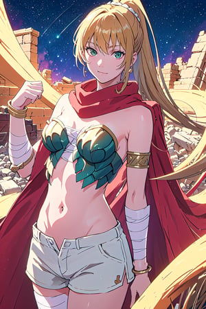 masterpiece, best quality, high quality details, 1girl, solo, armor, long hair, blonder hair, ponytail, green eyes, red scarf, belly button, bandages, white shorts,choker, bracelet, greek ruins, looking at viewer, starry sky, breats, hair movement soft smile