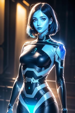 Alone:1.2, Solo:1.2, ((Medium full shot:1.3)), realistic, masterpiece,best quality,High definition, (realistic lighting, sharp focus), high resolution,volumetric light, outdoors, dynamic pose, BREAK, a 25 years old girl in the spaceship, focus face ,thewpn, ((blue skin:1.5)), blue bodysuit, medium breasts, cowboy shot, black background, science fiction, gradient background, looking at viewer, ((hologram body:1.5)) ,More Detail, Blue Hair