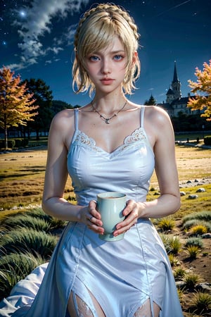 alone, solo, Cowboy shot, A 25 years old woman, short hair, blonde hair,FFLuna, long hair, soft smile,  outdoors, night, starry sky, park, green grass, three, female hands, bledding dress