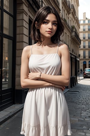 ((alone:1.5)). ((Solo:1.5)), ((MEDIUM FULL SHOT:1.5)),realistic, masterpiece,best quality,High definition, (realistic lighting, sharp focus),  a 25 years old Latin woman, Roma Latina girl with white skin, very short Bob black hair, black eyes. In the city of Paris, shy smile, looking away, sunset, female hands, White casual dress, make-up, hair movement