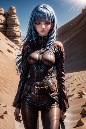 ((Alone:1.4)), ((Solo:1.4)), ((MEDIUM FULL SHOT:1.5)),realistic, masterpiece,best quality,High definition, (realistic lighting, sharp focus), high resolution,volumetric light, outdoors, dynamic pose,BREAK, ((a 25 years old woman)), KOFKulaD, long hair, blue hair, red eyes, bangs, ((desert:1.3)), noon, intense and shimmering sunlight, shy smile, Ice Particles, looking away