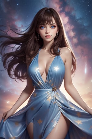 Masterpiece, Best Quality, Photorealistic, High Resolution, 8K Raw), smile, 1 girl, solo, long hair, (brown hair, bangs:1.1), big breasts, Light, busty and sexy girl, wearing a flowing dress with a starry sky pattern, starry dress, ((shy smile:1.5)), hair movement, brunette hair, juicy lips, tight dress, make up, looking away