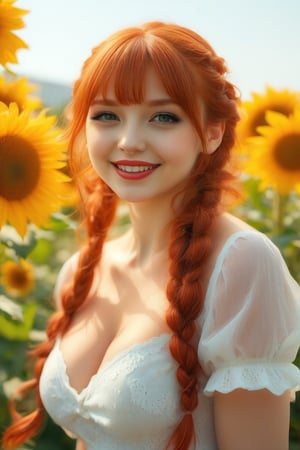 A 25 years old woman in a sunflower field, hot day , ((shy smile1.5)), ((braided hair)), ((red hair:1.3)), hair movement, red lips, juicy lips, sun raytracing, blush, looking at viewer, ,bangs, big breasts, cleavage, dress, lace on dress, shiny skin, sunflower petals in the air, looking away, freckles face, closed_mouth