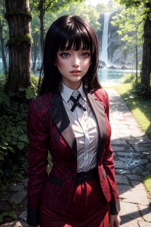 ((alone:1.5)). ((Solo:1.5)), ((MEDIUM FULL SHOT:1.5)),realistic, masterpiece,best quality,High definition, , high resolution,,A 25 years old woman, yumeko jabami, blazer, looking at viewer, smug, smile,pastelbg, outdoors, park, lake, trees, sun raytracing , long hair, brunette hair, red dress, hair movement, shy smile, 