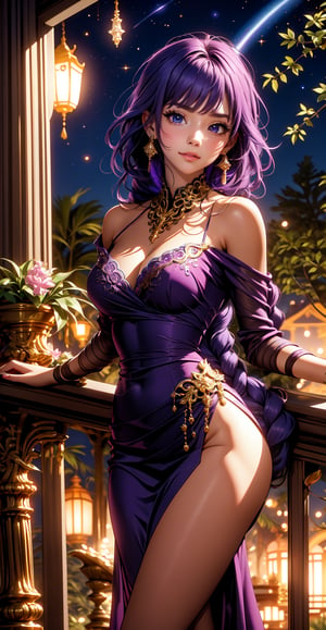 A glamorous 25-year-old woman stands on a balcony, her vibrant purple hair intricately braided, cascading gracefully over her shoulder. She poses with a tender smile and warm, inviting eyes, gazing at the stars that sprinkle the night sky. The balcony belongs to an elegant, opulent estate, with ornate railings and lush, cascading plants that frame her figure. Soft, ambient lighting from crystal chandeliers inside the grand hall spills out onto the balcony, casting a gentle glow. The woman exudes both sophistication and serenity, creating a mesmerizing scene of beauty and grace.,raiden_shogun_genshin