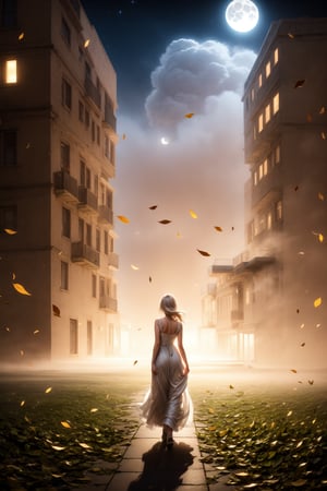 from bellow, in the night a professional photo of a mistery woman walking on a park in a beatifull night, light dust, flower, birds, windy day, ((leaves in the air:1.3)),poakl, high saturation, long white dress, dust, dense fog, (night:1.3), volumetric light, moon light, paled skin