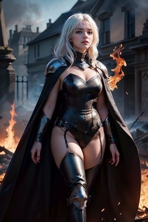 a 25 years old woman, A black knight, red eyes, glowing eyes:1.3, bloody white hair, full-body_portrait, ((soft smile:1.5)), ((looking away:1.3)), breats, hair movement, outdoors, hourglas body, fire ashes,black cape, breats, curvy_figure
