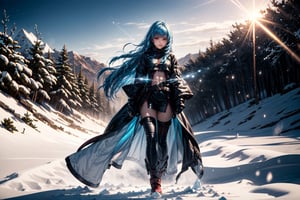 ((Alone:1.4)), ((Solo:1.4)), ((MEDIUM FULL SHOT:1.5)),realistic, masterpiece,best quality,High definition, (realistic lighting, sharp focus), high resolution,volumetric light, outdoors, dynamic pose, ,KOFKulaD, long hair, blue hair, red eyes, bangs, desert, noon, intense and shimmering sunlight, shy smile, Ice Particles, snow storm, focus face