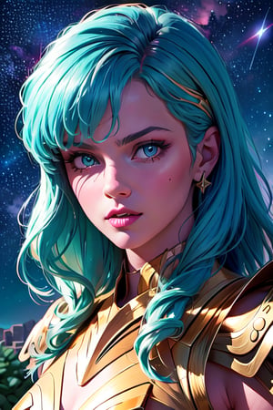 masterpiece,best quality,High definition, (realistic lighting, sharp focus), high resolution, ((volumetric light), ((Medium full shot:1.5)),,a woman, Aqua hair, , Long hair, greek temple, roses, roses petails in the hair, looking at viewer, starry sky, Gold armor