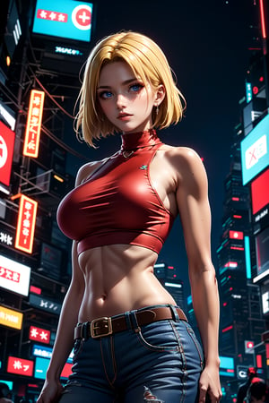 (best quality, masterpiece:1.2), ultra-detailed, blue_mary, 1girl, breasts, belt, navel, solo, pants, jeans, midriff, denim, turtleneck, sleeveless, (red crop top:1.4), torn clothes, (cyberpunk city, night), large breasts, torn pants, bare shoulders, shirt, brown belt, building, looking at away, sleeveless turtleneck, blonde hair