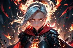 cowboy shot, a 25 years old woman through the flames, gothic armor, focus face, red cape, red hood, hood cover the face, intrincade detail armor, white hair, hair movement, ponytail, flames particles, looking away, hourglass body, closed_mouth, glowing eyes, 