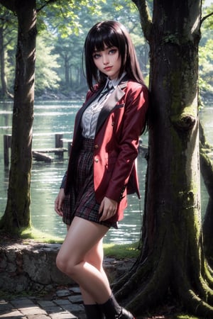 ((alone:1.5)). ((Solo:1.5)), ((MEDIUM FULL SHOT:1.5)),realistic, masterpiece,best quality,High definition, , high resolution,,A 25 years old woman, yumeko jabami, blazer, looking at viewer, smug, smile,pastelbg, outdoors, park, lake, trees, sun raytracing , long hair, brunette hair, red dress