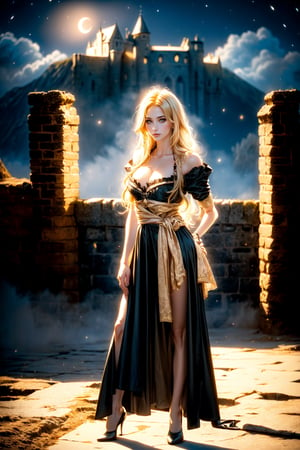 ((Alone:1.4)), ((Solo:1.4)), ((MEDIUM FULL SHOT:1.5)),realistic, masterpiece,best quality,High definition, (realistic lighting, sharp focus), high resolution, ((volumetric light)), outdoors,  , ((a 25 years old woman on a desolate castle in the midnight)),((thin waist, wide hips)), ((large breats:1.5)),  hair between eyes, ((looking  at viewer)),  ,MariaRenard,1 girl,Maria  fog, forest, castle behind, neutral face, closed mouth, blonde hair, ((night:1.5)), red moon, 