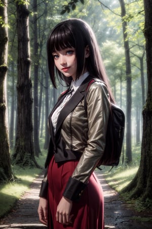 ((alone:1.5)). ((Solo:1.5)), ((MEDIUM FULL SHOT:1.5)),realistic, masterpiece,best quality,High definition, , high resolution,,A 25 years old woman, yumeko jabami, blazer, looking at viewer, smug, smile,pastelbg, outdoors, park, lake, trees, sun raytracing , long hair, brunette hair, red dress, hair movement, ((shy smile)), 