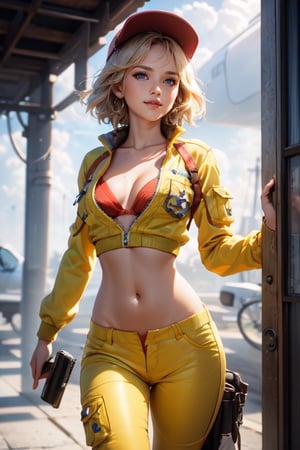 medium full shot, realistic, masterpiece,best quality,High definition, high resolution, BREAK,a 35yo woman in a yellow mechanic suit,  shiny skin, looking at viewer, wide hips, thin waist, Blonde hair, hair movement, hair beetween eyes, blue eyes, cloudy sky, Dynamic pose,volumetric light, BREAK, shy smile,   short hair, light fog,cindy aurum, mechanical workshop, red hat, orange bra, oil stains on clothes, closed shirt, yellow mechanical pants

