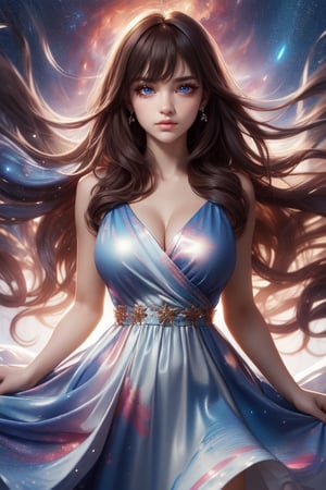 Masterpiece, Best Quality, Photorealistic, High Resolution, 8K Raw), smile, looking at viewer, upper body, 1 girl, solo, long hair, (brown hair, bangs:1.1), big breasts, Light, busty and sexy girl, wearing a flowing dress with a starry sky pattern, starry dress, ((shy smile:1.5)), hair movement