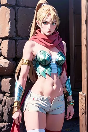 masterpiece, best quality, high quality details, 1girl, solo, armor, long hair, blonder hair, ponytail, green eyes, red scarf, belly button, bandages, white shorts,choker, bracelet