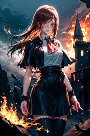 Gothic theme, ((Alone:1.4)), ((Solo:1.4)), ((MEDIUM FULL SHOT:1.5)),realistic, masterpiece,best quality,High definition, (realistic lighting, sharp focus), high resolution, ((volumetric light)), outdoors,  , ((a 25 years old woman on a desolate castle)),((thin waist, wide hips)), ((large breats:1.5)),  hair between eyes, ((looking at away:1.3)),  masterpiece, best quality, high detailed, picture perfect face,blush,freckles,charlotte aulin,perfect female body,long hair,brown hair, ascot,capelet,skirt,blue thighhighs, ((focus face:1.3)), dust, night, Dark orange sky, Eclipse, (castle in mid distance), fire all around, and burning fields, dark red clouds, fog, ashes, burning tree's,