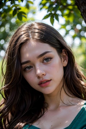 A serene 25-year-old woman lies peacefully asleep on a lush green grassy hillside within a vibrant city park. Soft sunlight filters through the trees, casting dappled shadows across her gentle features. Her long hair spreads out around her like a golden halo, blending with the surrounding foliage.