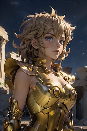 Medium full shot, a woman, greek ruins, lookin away, focus face, hair movement, intrinsecal detail armor, ,leoarmor,golden armor, outdoors, dust, hair movement, brunete hair, outdoors, starry sky, short hair