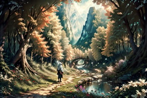  realistic, masterpiece,best quality,High definition, (realistic lighting, sharp focus), high resolution, volumetric light,, From behind, A man walking alone in a green valley, Light theme, White hair ,falling leaves, dim light, flowers, beauty day, cloudy sky, traveler backpack, tree leaves in the air

,fantasy00d