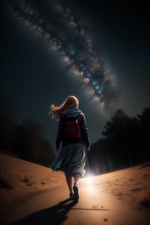 realistic, masterpiece,best quality,High definition, high resolution, ((volumetric light)), ,a woman walking, Starry sky