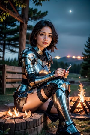 a young woman sitting next to a bonfire at night, looking away, knight armor, front view, smile, short hair, crossed_legs, intrincade detail armor, red lips