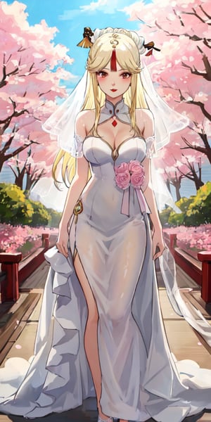 Ningguang, original_character, cherry blossom park in japan background, wedding dress, blonde hair, Standing facing the camera, she faces the camera seductively, red lips, shy face