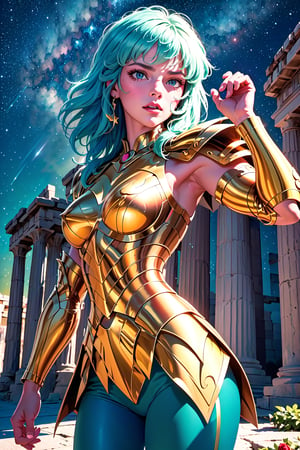 masterpiece,best quality,High definition, (realistic lighting, sharp focus), high resolution, ((volumetric light), ((Medium full shot1.5)),,a woman knight, Aqua hair, , Long hair, greek temple, roses, roses petails in the hair, looking at viewer, starry sky, Gold armor, soft smile, pink lips, juicy lips,((closed mouth)), fight pose, green pants, greek temple