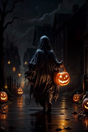 1girl, ghost female, hide face, floating body,large breats, walking on cementery, light fog, night, halloween_2018, haloween pumpkins, starry_night, lighfs