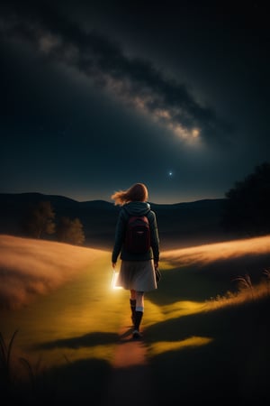 realistic, masterpiece,best quality,High definition, high resolution, ((volumetric light)), ,a woman walking, Starry sky, grass, 