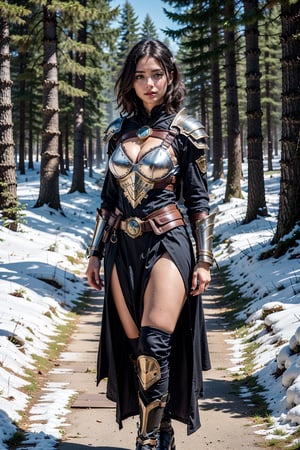 FULL BODY,   looking away, 30 years old woman walking in the forest, realism, detailed, girl, portrait, upper body,cloak,clothed, soft smile, fia_the_deatbed_companion, dust, fog, starry sky, large_breast, short hair, intrincade detail armor, raytracing, hair movement,  flower, ((snow)),  ((snow particles)), ((soft smile:1.5))