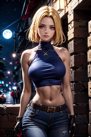  from above (best quality, masterpiece:1.2), ultra-detailed, blue_mary, 1girl, breasts, belt, navel, solo, pants, jeans, midriff, denim, turtleneck, sleeveless, (red crop top:1.4), torn clothes, (park, night), large breasts, torn pants, bare shoulders, shirt, brown belt, building, looking at away,red sleeveless turtleneck, blonde hair, black gloves, hair movement, box pose