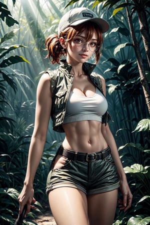 ((Alone:1.4)), ((Solo:1.4)), ((MEDIUM FULL SHOT:1.5)),realistic, masterpiece,best quality,High definition, (realistic lighting, sharp focus), high resolution, volumetric light, outdoors, dynamic pose, ,KOFKulaD, ((a 25 years old woman in a dense jungle)),((thin waist, wide hips)), ((Huge breats:1.2)) ,FioDef, hair between eyes,fiodef, orange hair, hat, baseball cap, crop top, shorts, midriff, vest, navel, belt, short shorts, tank top, cleavage, brown shorts, looking away, shy smile, light ray tracing