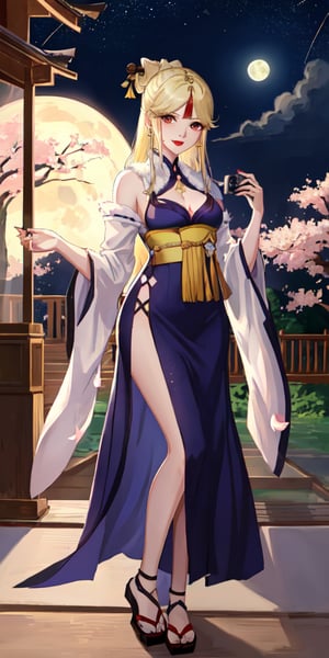 Ningguang, original_character, cherry blossom park in japan background in the night, elegant dress, blonde hair, Standing facing the camera, she faces the camera seductively, red lips, smile, HDR, little full moon rising on the horizon, night with many stars

