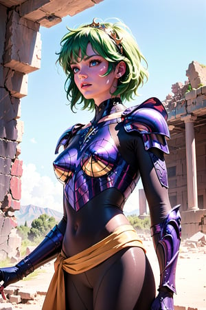 masterpiece,best quality,High definition, (realistic lighting, sharp focus), high resolution, ((volumetric light), ((Medium full shot:1.5)),,a woman, shoulder pads, armor, bodysuit, shoulder armor, pauldrons, fingerless gloves, ((closed mouth:1.5)), looking away, greek ruins, dust, fog, starry sky, Mountains, short hair, green hair, soft smile,Shaina, tiara, armor, 
