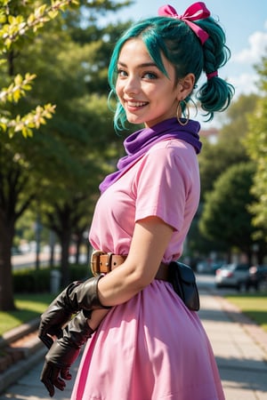  (((happy, big smile, solo, looking at viewer))),(masterpiece, best quality),bulma, 1girl, solo, blue eyes, blue hair, aqua hair, single braid, braided ponytail, hair ribbon, red ribbon, hair bow, earrings, short dress, pink dress, vertical-striped dress, short sleeves, belt, clothes writing, brown gloves, single glove, purple scarf. park, outdoors,detailed hands, soft wmile, looking away