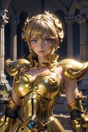 a woman, greek ruins, lookin away, focus face, hair movement, intrinsecal detail armor, ,leoarmor,golden armor