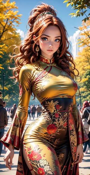 A 25 years old woman in the park, cowboy_shot, A sculptural woman with curly red hair walks through the park in a form-fitting Chinese dress. The warmth in her gaze complements her striking figure, perfectly framed by a beautiful, sunny day.