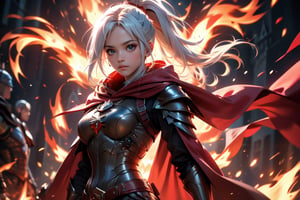 cowboy shot, a 25 years old woman walking through the flames, gothic armor, focus face, red cape, red hood, hood cover the face, intrincade detail armor, white hair, hair movement, ponytail, flames particles, looking away, hourglass body