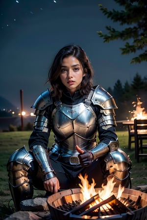 a young woman sitting next to a bonfire at night, looking away, knight armor, front view, mile, short hair