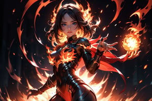 A fiery vision: A woman stands boldly in a darkened room, her hand engulfed by a blazing fireball. The flames dance across her palm, casting a warm glow on her determined face. Her other hand grasps the base of the inferno, her posture strong and unyielding. Shadows cast eerie silhouettes behind her, while the fiery orb dominates the frame.