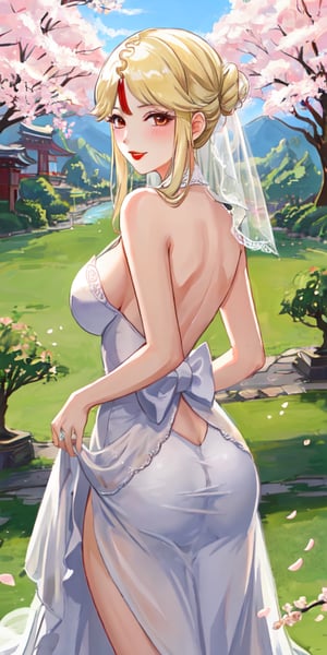 Ningguang, original_character, cherry blossom park in japan background, wedding dress, blonde hair, Standing with her back to the camera she faces the camera seductively, red lips, shy face